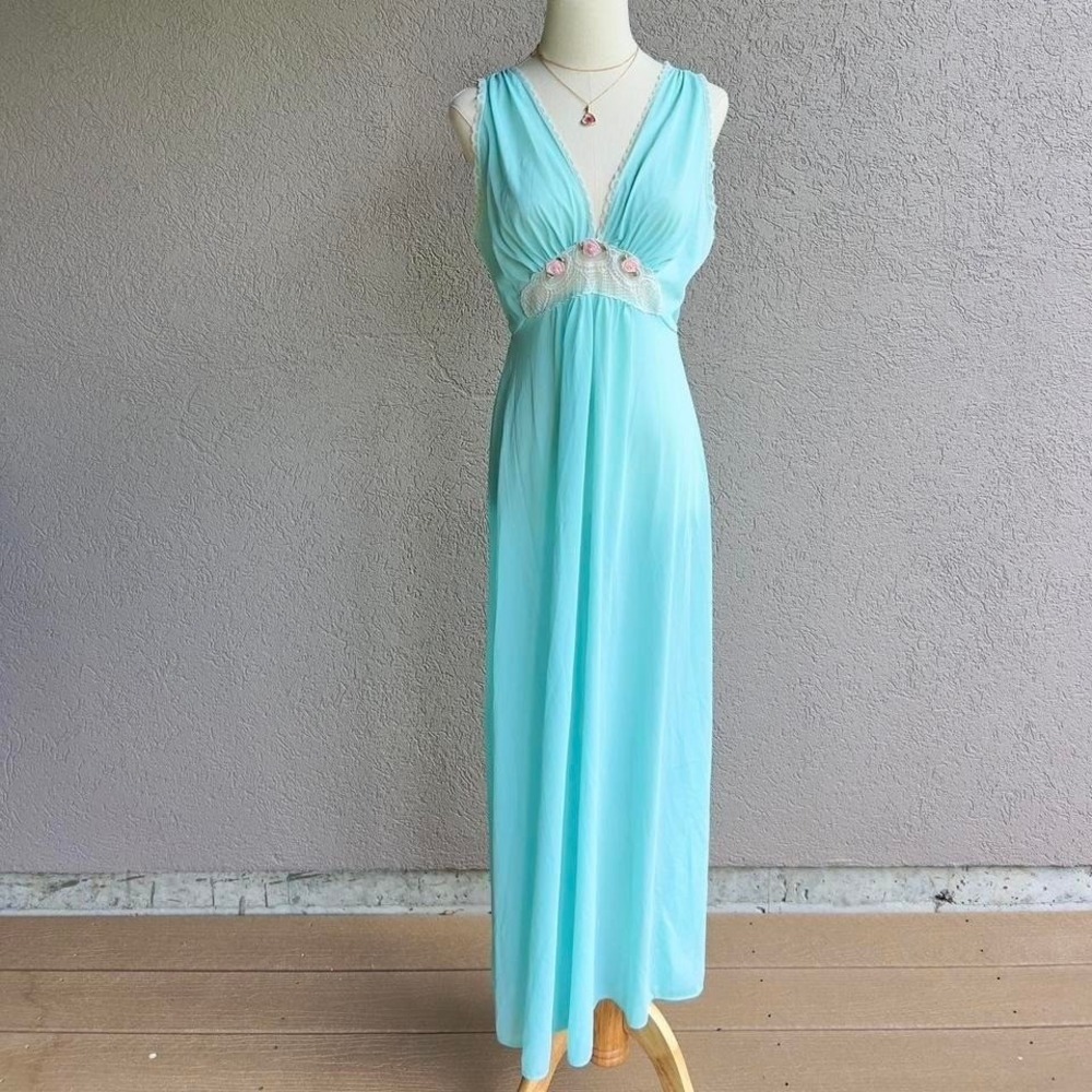 Vintage Aqua Blue Maxi Nightgown Slip Dress Lingerie w/ Sheer Lace Fits Medium
